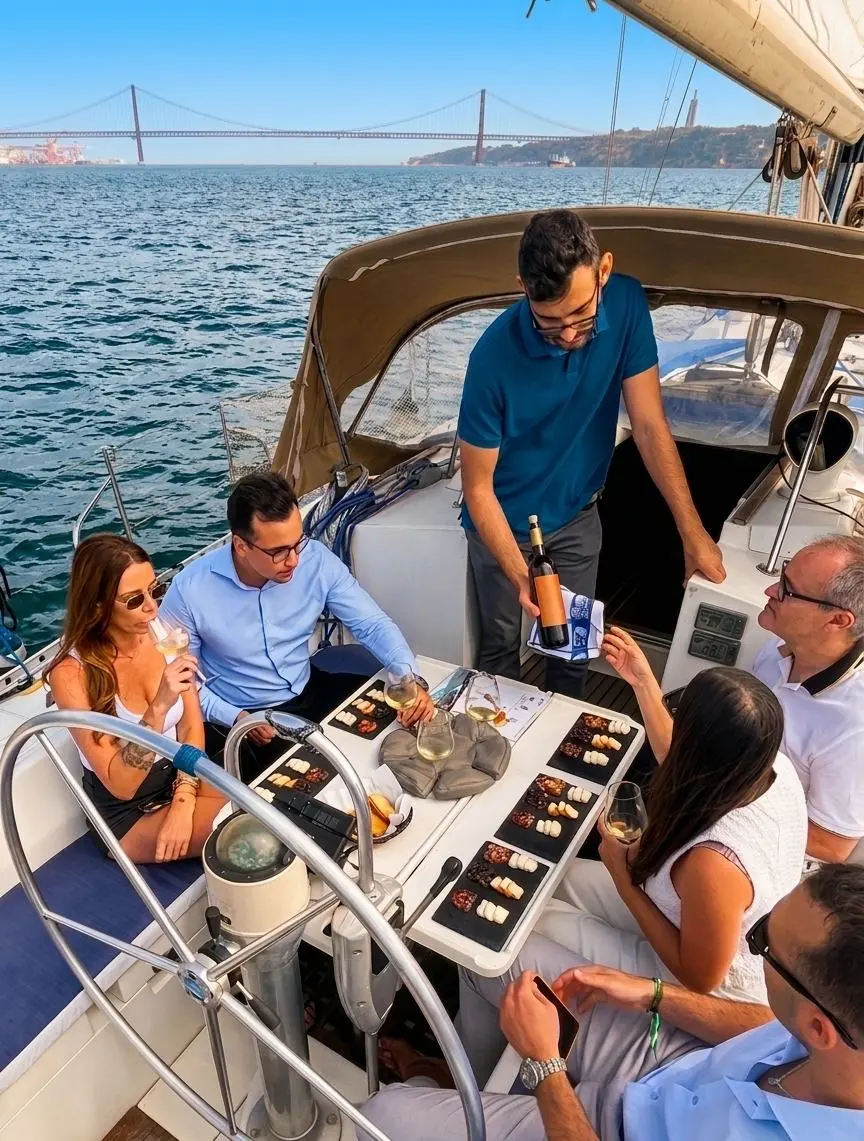 A group of friends enjoying a private wine tasting with gourmet appetizers on a sailboat deck, under a sunny blue sky, overlooking the 25 de Abril Bridge and Lisbon skyline. A crew member serves wine from a bottle.