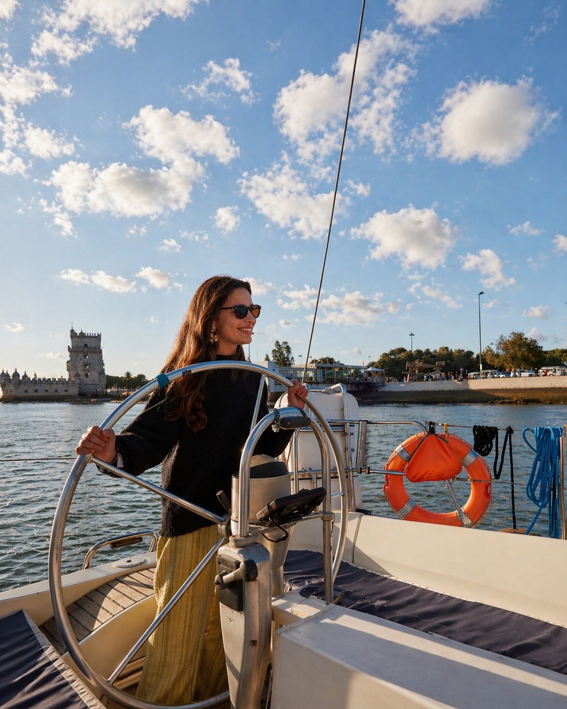 Woman at the helm of a sailboat on the Tagus River with the Belém Tower in the background during sunset.