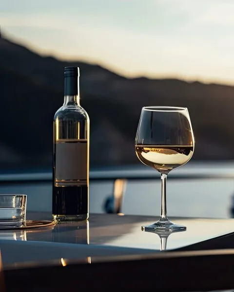 Wine bottle and wine glass at sunset